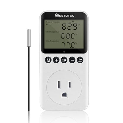 KETOTEK KT3200PRO Digital Temperature Controller Outlet Day Night Thermostat Plug Socket Heating Cooling Temp Controller with Sensor Timer Regulator for Reptile Greenhouse Brewing Refrigerator