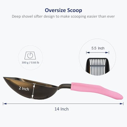 WePet Cat Litter Scoop, Non-Stick Plated Aluminum Alloy Sifter, Kitty Durable Metal Scooper, Deep Shovel, Long Handle, Kitten Pooper Lifter, Size Large, Coated Black Body with Pink Handle - color: #10 Pink, size: Large