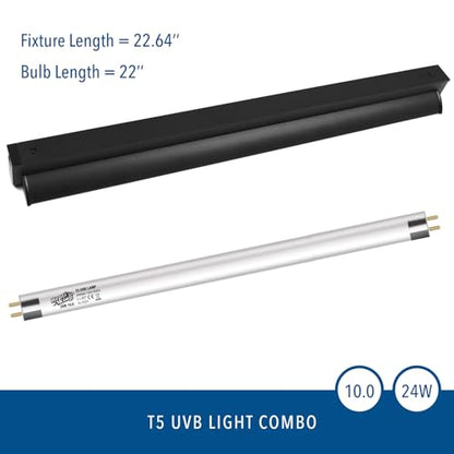 T5 UVB Reptile Light Fixture Kit – 24W High-Output 10.0 UVB Bulb for Bearded Dragons, Turtles & Lizards – Liner UVA/UVB Lighting for Basking & Vitamin D3 Synthesis