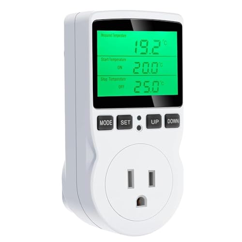 Digital Temperature Controller, Backlit LCD Screen Thermostat Heating Cooling Outlet Plug for Reptile Incubator US Plug