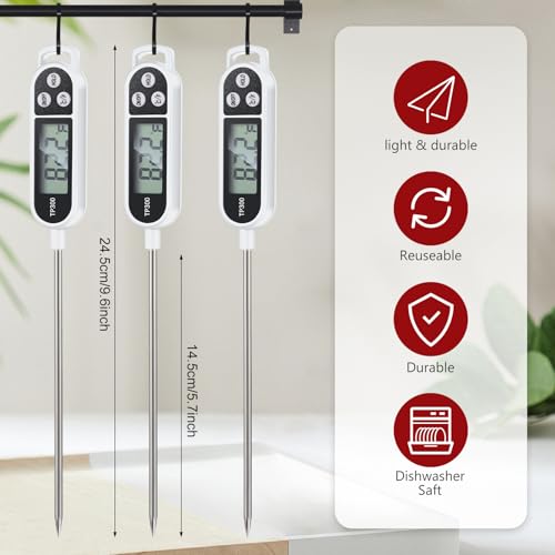 Copkim 6 Pcs Instant Read Meat Thermometer with Long Probe 9.65 Inch Kitchen Cooking Food Candy Waterproof Digital Thermometer for BBQ Water Milk Yogurt Liquid Cooking(White) - color: white