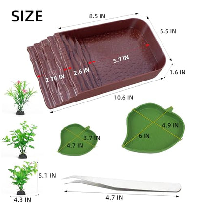 3 PCS Reptile Water Dish, Leaf Reptile Water Bowl, Amphibians Habitat Tortoise Food Bowl with Climbing Ramp for Turtle, Gecko, Snake, Bearded Dragon, Lizard - color: Brown