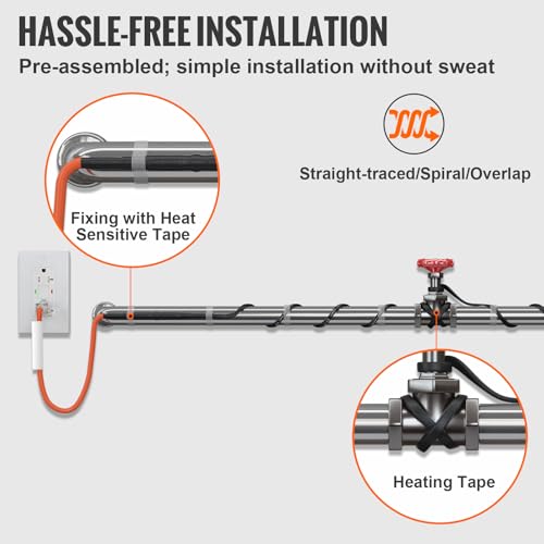 VEVOR Self-Regulating Pipe Heating Cable, 15FT 5W/FT Heat Tape for Pipes Freeze Protection, Water Pipe Heat Cable with Built-in Thermostat Protects PVC Hose, Metal and Plastic Pipe from Freezing - size: 15 Feet