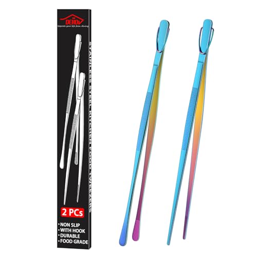 12 Inch Metal Chef Tweezers For Cooking, Rainbow Stainless Steel Cooking Tongs Set Of 2, Colorful Pickle Grabber, Long Pasta Tongs - color: Rainbow