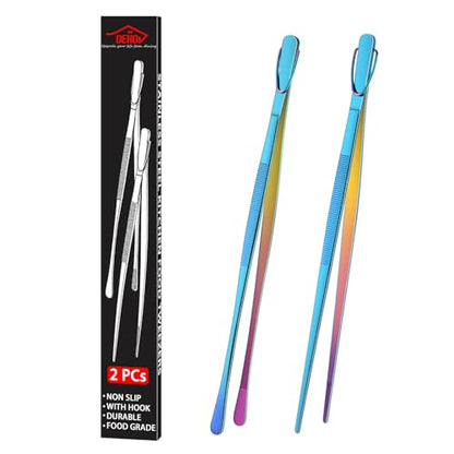 12 Inch Metal Chef Tweezers For Cooking, Rainbow Stainless Steel Cooking Tongs Set Of 2, Colorful Pickle Grabber, Long Pasta Tongs - color: Rainbow