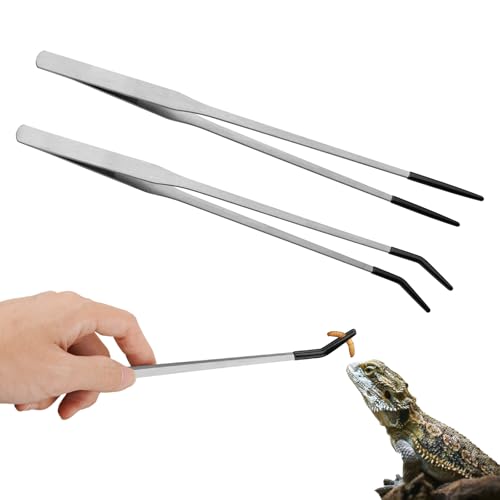 Novery 2PCS Stainless Steel Reptile Feeding Tongs with Rubber Tip, 10.6” Straight & Curved Long Tweezers for Aquarium or Craft, Bearded Dragon Tank Snakes Enclosure Accessories, Terrarium Supplies