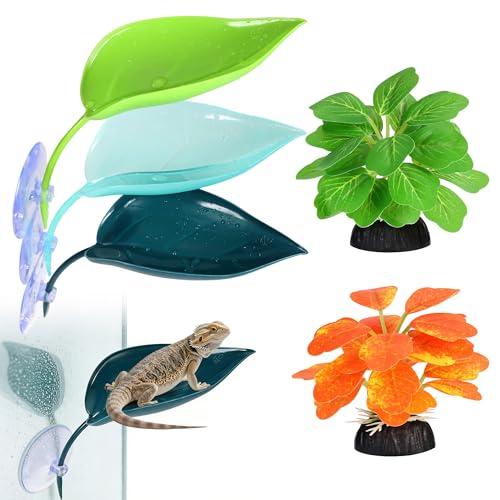 5pcs Crested Gecko Hide Leaf Reptile Wall Climbing Gecko Toy Tank Accessories Including Wall & Dodging Leaves Plastic Reptile Thank Decorations for Turtle Tree Frog Snake Terrarium