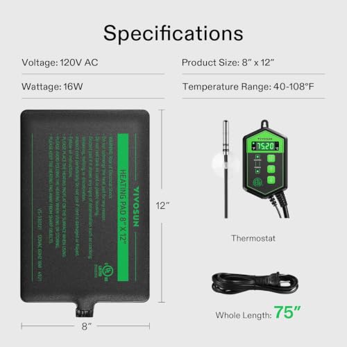 VIVOSUN Reptile Heating Pad 8x12 Inch with Thermostat Combo Under Tank Terrarium Heating Mat for Turtles, Lizards, Frogs, and Other Reptiles - size: 8X12 Inch with Thermostat