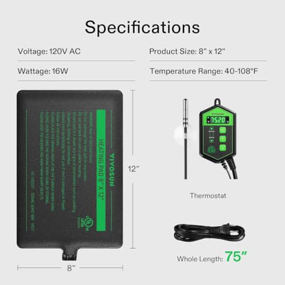 VIVOSUN Reptile Heating Pad 8x12 Inch with Thermostat Combo Under Tank Terrarium Heating Mat for Turtles, Lizards, Frogs, and Other Reptiles - size: 8X12 Inch with Thermostat