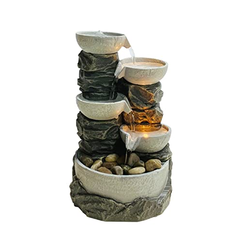 Nature's Mark 9" H 5-Tiered Cascading Rock Bowl Tabletop Water Fountain with Natural River Rocks and LED Lights (Power Cord Attached)