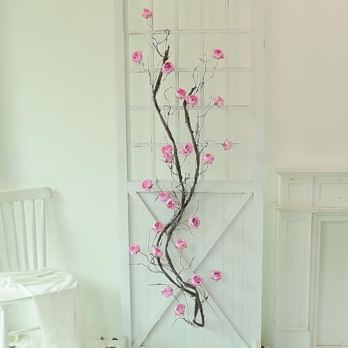 1PCS 300cm/118inch Large Flexible Artificial Tree Fall Vines Twine Wood Branches with Peony Flowers Garland Twig Reptile Climbing Fake Plants for Wedding Arch Christmas Wall Door Hanging Decoration