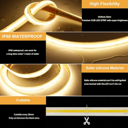AXMOTUT 32.8ft COB LED Strip Lights Waterproof IP68, 3000K Warm White Outdoor 24V Dimmable Silicone LED Tape Lighting High Density, 6000LM+, 3200LEDs Clips and Screws(Power Supply Not Included) - size: 2700K/32.8ft-IP68