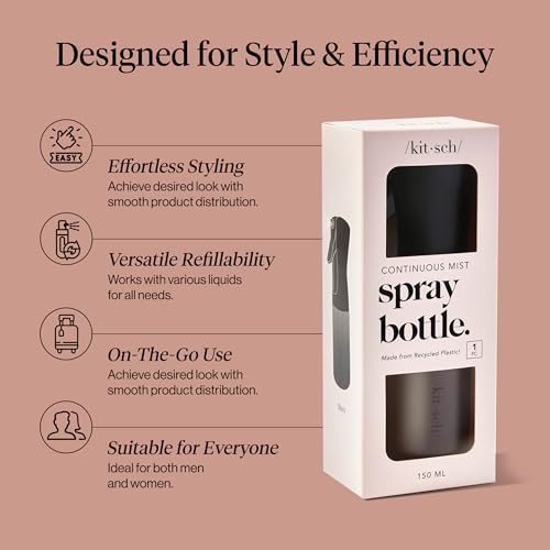 Kitsch Continuous Spray Bottle for Hair – Fine Mist Water Mister & Water Spray Bottle – Recycled Hair Spray Bottle – Spray Bottles for Cleaning, Styling, Plants & More – Black, 150ml - color: Black