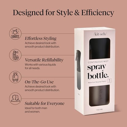 Kitsch Continuous Spray Bottle for Hair – Fine Mist Water Mister & Water Spray Bottle – Recycled Hair Spray Bottle – Spray Bottles for Cleaning, Styling, Plants & More – Black, 150ml - color: Black