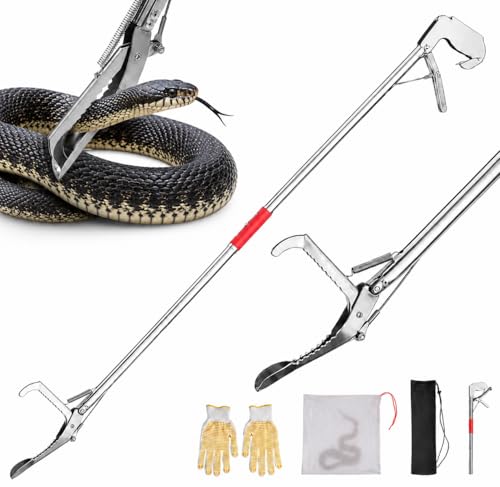 60" Snake Grabber, Collapsible Snake Tongs All-Stainless Steel, Humane Rattle Snake Reptile Catcher Pincher, Smooth Wide Jaw Hangling Tool with Lock - size: 60" snake grabber