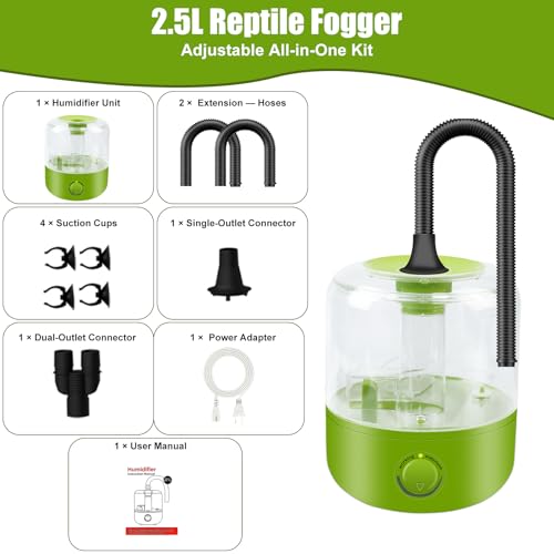 Terrarium Humidifier 2.5L – Top-Fill Ultrasonic Reptile Mister System, Adjustable Cool-Mist Fogger with Quiet Auto Shut-Off, Single/Dual Hose Mister for Reptile Tank & Vivariums