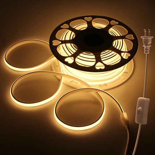 AC 110V LED COB Light Strip 65.6FT Warm White CRI 85+ Outdoor Waterproof Plug in with Switch Flexible Cuttable COB LED Rope Lights 3000K High Density 288Leds/M for Kitchen Cabinet Garden Home Decor - color: Warm White, size: 20M