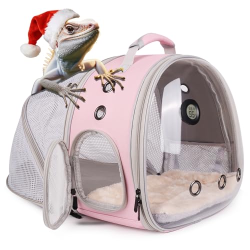 Bearded Dragon Travel Backpack Carrier with Reptile Thermometer and Humidity Gauge Lizard Travel Cage Space Capsule Clear Bubble Window Astronaut Reptile Bag for Ball Python (Pink, BE Backpack) - color: Pink, size: 11.8"L x 7.2"W x 11.8"H