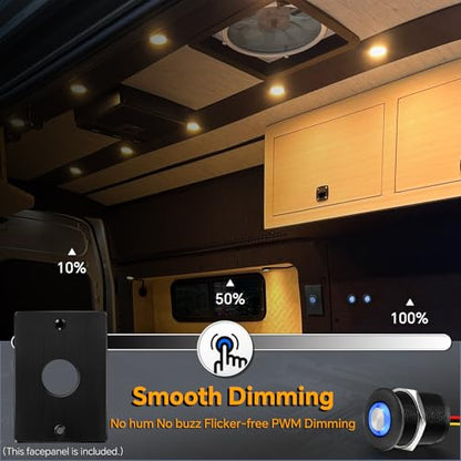 12 Volt Light Dimmer RV Boat High-Side PWM Dimming Switch, 7/8" Mounting Hole w/Blue Backlight for LED Strip Light 12V LED Halogen Incandescent, All-Aluminum Shell, Rated 6A (Black) - color: Black