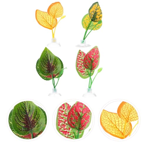 PRETYZOOM Artificial Reptile Plants 4pcs with Suction Cups, Simulated Terrarium Leaves for Snake, Lizard, Turtle Enclosure Decoration, Plastic Habitat Supplies for Reptile Tanks