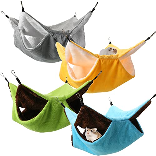 Nuogo 4 Pcs Rat Hammock for Cage Small Animal Hanging Ferret Hammocks for Rat Accessories Double Layer Ferret Bed for Guinea Pig Squirrel Chinchilla Playing and Sleeping(Classical) - color: Gray, Yellow, Blue, Green, style: Classical
