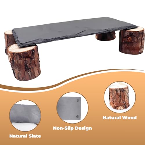 Bearded Dragon Basking Platform, Slate Rocks for Reptiles with Wooden Pile, Leopard Gecko Hides and Caves, Reptile Tank Accessories for Bearded Dragons, Geckos, Ball Pythons, Tortoise