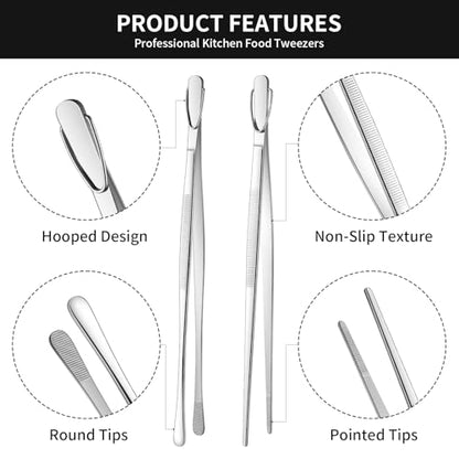DEHOV 12 Inch Stainless Steel Kitchen Long Food Tweezers For Cooking,Metal Pasta Tongs,Skinny Chef Spaghetti Tongs - color: Silver