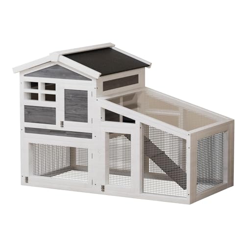 GarveeLife Rabbit Cage, Outdoor Weatherproof Bunny House Wooden, Indoor Bunny Cage with Run, Rabbit Hutch with Removable Tray, Grid Fences, Ramp 53.15" L x 23.62W 37.8" H Gray - color: Gray