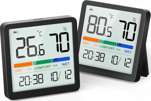 NOKLEAD Indoor Thermometer Hygrometer, Mini Desktop Digital Temperature and Humidity Monitor with Comfort Indicator and Clock, Accurate Room Humidity Gauge for Home, Garage, Greenhouse, Wine Cellar - color: Black, size: 2 Pack