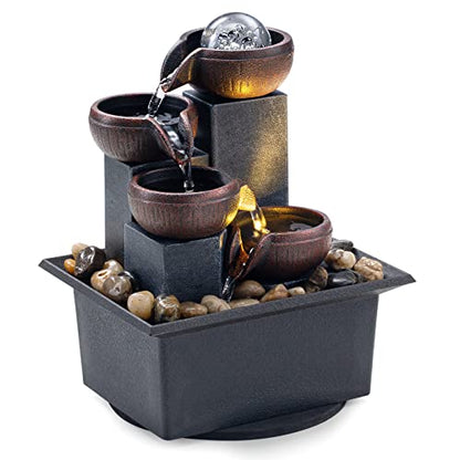 Tabletop Fountain 4 Level Tabletop Waterfall Indoor Meditation Fountain Office Home Relax Desktop Waterfall Includes Many Natural River Rocks LED Lights Bubble Ball Great Choice as Festival Gifts
