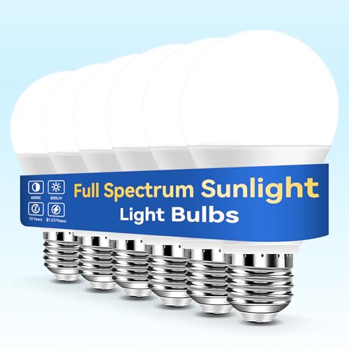 Neporal Full Spectrum Light Bulb, 6000K UV-Free Daylight Sunlight Light Bulbs, 9W (60W Equivalent) LED CRI 90, Flicker-Free, 30,000 Hrs Lifespan, E26/E27 Natural Light Bulb for Home & Office - 6PK - color: White, size: 6 Count (Pack of 1)