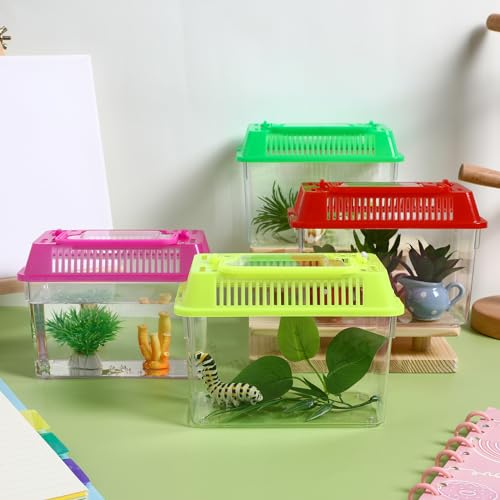 VANZACK 4 Pack Mini Fish Tank, Plastic Reptile Terrarium with Lid and Handle, Portable Plastic Fish Tank and Frog Carrier, Clear Critter Carrier for Small Fish, Turtles, Hamster, Snakes Aquarium