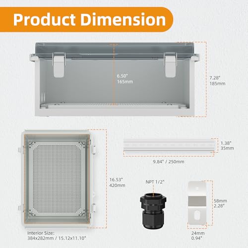Joinfworld Electrical Box Weatherproof Plastic Junction Box 15.7x11.8x7.1 Outdoor WiFi Nema 4 Enclosure Clear Cover for Electric Connection Exterior Project | ABS Electrical Box with DIN Rail, Stainless Latches, Cable Glands for Outdoor WiFi, Circuit Brea