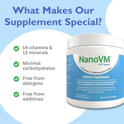 4-8 Years, Allergen-Free Kids Multivitamin, Unflavored Powdered Vitamins, Multivitamin Powder with 14 Vitamins & 13 Minerals, Low-Carbohydrate Vitamin Supplements, 275g - Solace Nutrition - style: 4-8