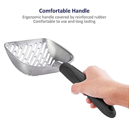 WePet Cat Litter Scoop, Aluminum Alloy Sifter, Kitty Metal Scooper, Deep Shovel with Diagonal Sifting Hole, Long Handle, Kitten Poop Lifter for Litter Box, Large Size, Black Handle - color: #06 Black, size: Large