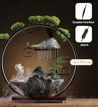 Tabletop Water Fountains Indoor Waterfall Fountain with Mist LED Light Feng Shui Wealth Desk Fountain with Backflow Incense Holder Zen Decor for Meditation (Crane) | Tabletop Water Fountains with Backflow Incense Holder, Indoor Meditation Water Feature fo