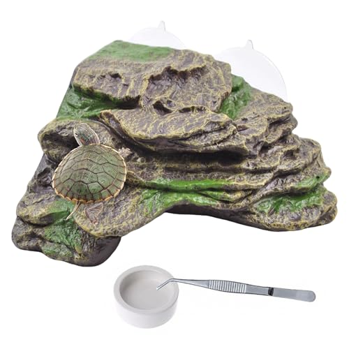 PINVNBY Resin Turtle Basking Platform with 2 Pcs Suction Cups,Floating Dock for Turtles,Tortoise Climbing Ramp Shale - Ideal for Aquatic Turtles,Stable & Durable,Easy to Install(Green Brown L) - color: 【brown】, size: 【L:7.1”Lx6.3”Wx2.7”H】