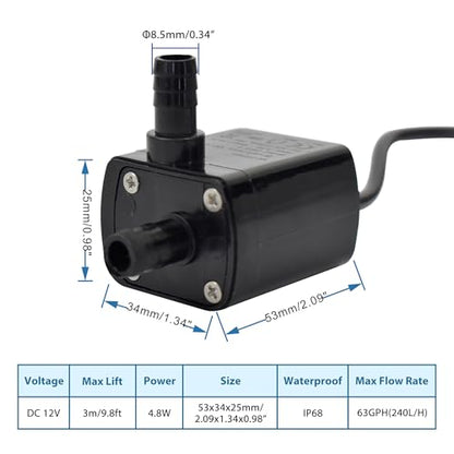 CONQUERALL 12V DC Solar Fountain Pump 63GPH 9.8ft 4.8W with 3.3ft Tube for Water Garden and Aquarium - color: 12v 4.8w 240l/H 3m Head