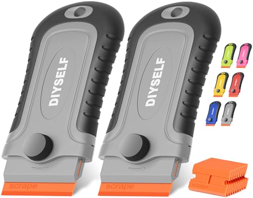 DIYSELF 2 Pcs Plastic Razor Blade Scraper with 10 Pcs Blades, Plastic Scraper Tool for Adhesive Remover, Scrapers for Cleaning Stickers, Decals, Glass, Windows, Car, No Scratches (Grey) - color: Gray-plastic Blades, size: 2 Pack