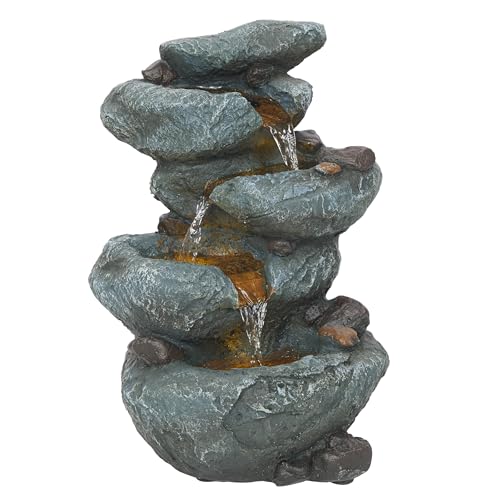 Alpine Corporation TZL418 14" 3 Tier Rock Fountain with LED Lights, Elegant Cascading Water Feature for Tabletop, Indoor Decor, Relaxing Stone Waterfall for Home & Office, Gray - style: Elegant Rock w/ LED Lights