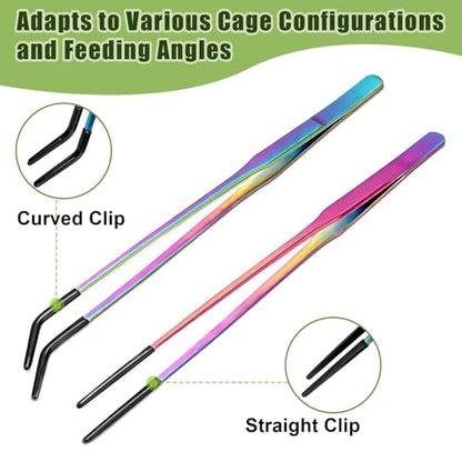 2PCS Stainless Steel Feeding Tongs, Long Handle Straight & Curved Tweezers with Soft Silicone Tips for Reptile Gecko Aquarium Plant Terrarium - color: Colourful And Black Vinyl Tip