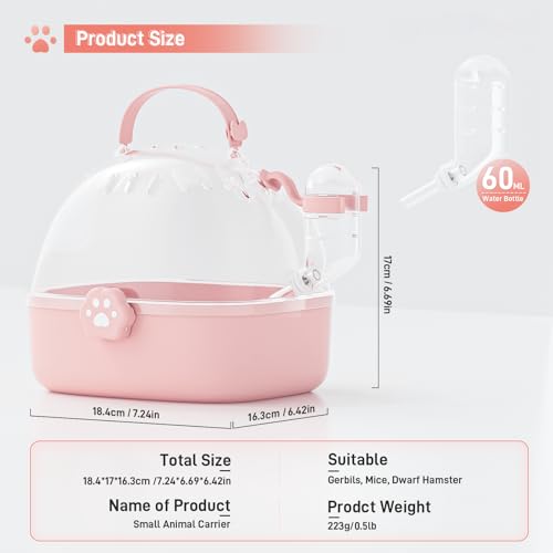 BUCATSTATE Small Animal Carrier Cage with Water Bottle, Portable Hamster Travel Carrier Carry Case 7.24" L*6.69 W *6.42" H for Small Pets, Gerbils, Mice, Dwarf Hamster (Pink) - color: Pink
