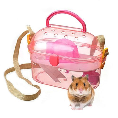 kathson Portable Hamster Cage Dwarf Hamster Carry Case Syrian Hamster Carry Travel Cage with House Food Bowl Adjustable Strap Pet Outgoing Cages Carrier for Small Hamster Young Guinea Pig Pink - color: Pink | Hamster Carriers