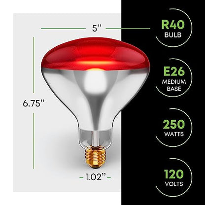 KOR 250 Watt R40 Incandescent Light Bulbs (2-Pack) - Bathroom Infrared Heat Lamp for Chickens Puppies Reptiles Livestock Poultry, Sauna Red Light Therapy Bulb - 2,000 Hour Rated, E26 Base, 120V - color: Red