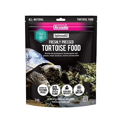 Arcadia Optimised52 Freshly Pressed Tortoise Food 1KG – All-Natural Tortoise High Fiber Diet with 52 Species of Grasses Herbs and Flowers, Complete Reptile Food with Bee Pollen, Calcium and Probiotics