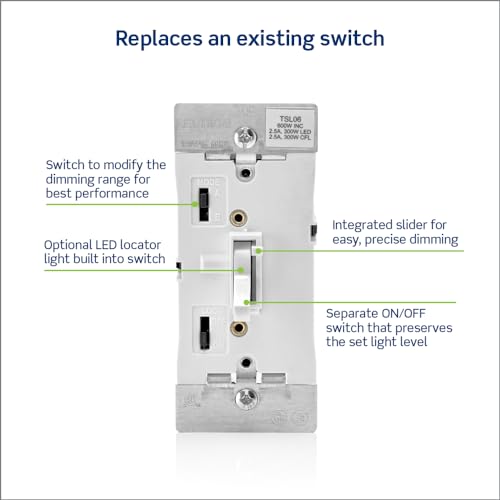 Leviton Toggle Slide Dimmer Switch for Dimmable LED, Halogen and Incandescent Bulbs, TSL06-1LW, White - color: White