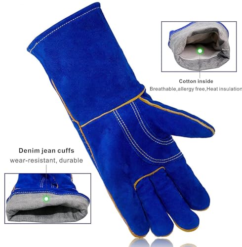 Animal Handling Leather Gloves Kevlar Gauntlet for Saftey Against Cats, Birds, Snakes (16 inches - (Pack of 1 Pair) - color: Blue-yellow