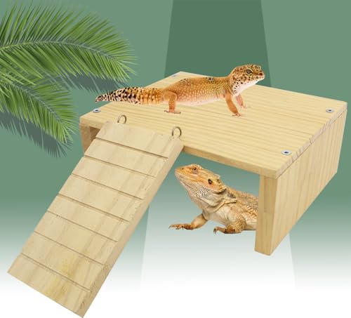 FlidRunest Reptiles Hide, Bearded Dragon Hide Cave with Ladder, Gecko Basking Platform for Tank, Wooden Accessories for Bearded Dragon Lizard Geckos Hamster
