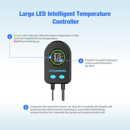 100W Submersible Fish Tank Heater for 10-20 Gallon with Auto Shut-Off When Leaving Water—Aquarium Heater, Dry-Burn & Overheat Protection, Smart LED Display for Betta Freshwater Saltwater - size: 100W