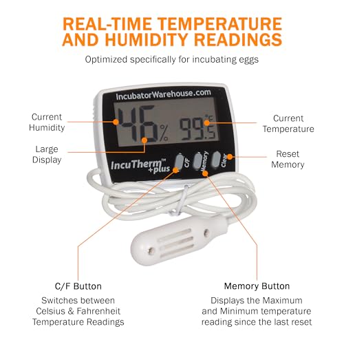 IncuTherm™ Plus Digital Thermometer and Hygrometer for Egg Incubator - Large Digital Display with Min/Max Memory - Remote Probe - Reads Celsius and Fahrenheit +/-1° 1109 IWTH01